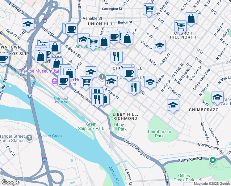 map of restaurants, bars, coffee shops, grocery stores, and more near 2612 East Grace Street in Richmond