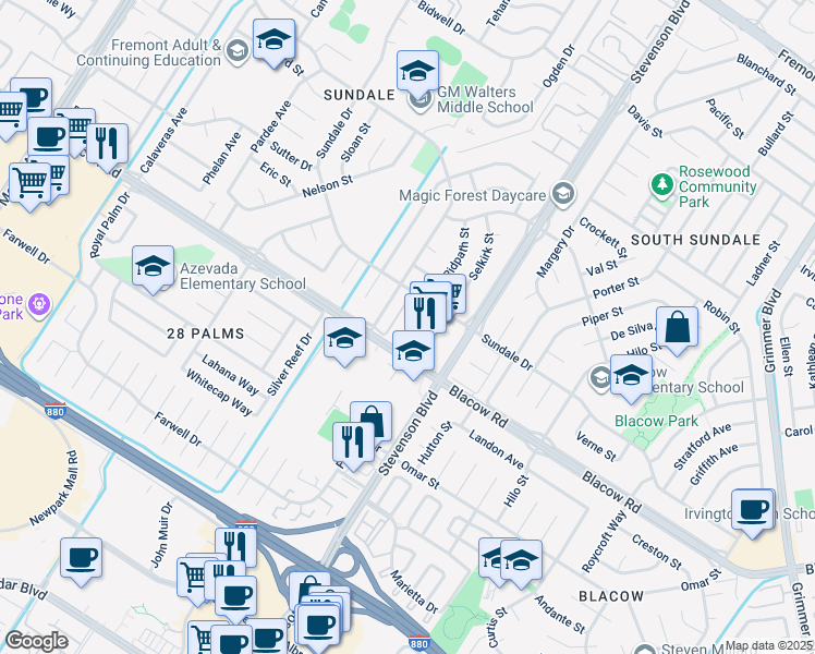 map of restaurants, bars, coffee shops, grocery stores, and more near 39900 Blacow Road in Fremont