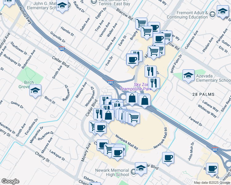 map of restaurants, bars, coffee shops, grocery stores, and more near 5606 Primula Terrace in Newark