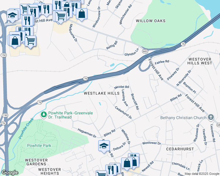map of restaurants, bars, coffee shops, grocery stores, and more near 2106 Nicolet Circle in Richmond