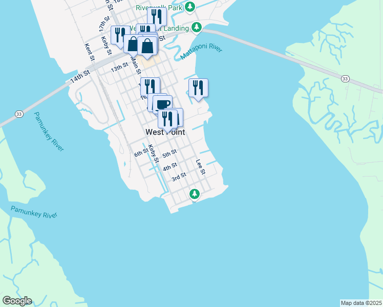map of restaurants, bars, coffee shops, grocery stores, and more near 407 Lee Street in West Point