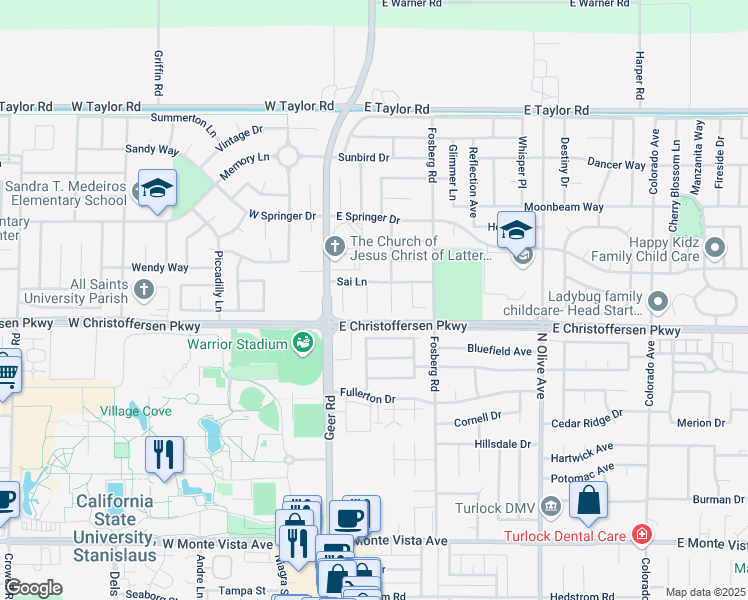 map of restaurants, bars, coffee shops, grocery stores, and more near 4041 Saint Joseph Place in Turlock