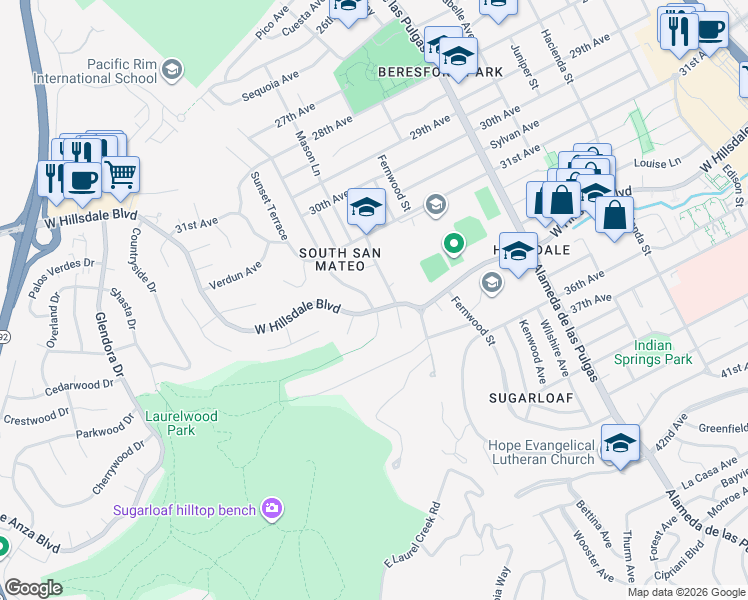 map of restaurants, bars, coffee shops, grocery stores, and more near 3223 Monterey Street in San Mateo