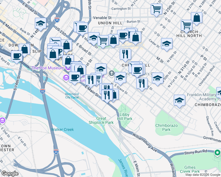 map of restaurants, bars, coffee shops, grocery stores, and more near 123 North 25th Street in Richmond