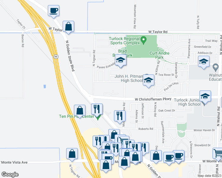 map of restaurants, bars, coffee shops, grocery stores, and more near 3025 West Christoffersen Parkway in Turlock