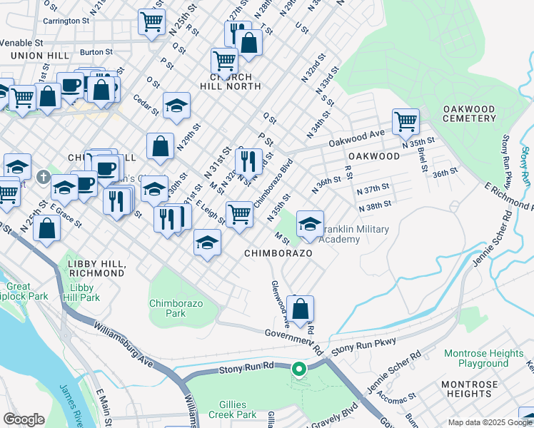 map of restaurants, bars, coffee shops, grocery stores, and more near 712 North 35th Street in Richmond