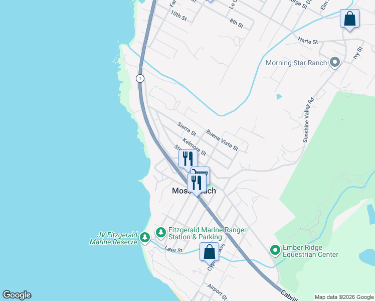 map of restaurants, bars, coffee shops, grocery stores, and more near 651 Stetson Street in Moss Beach