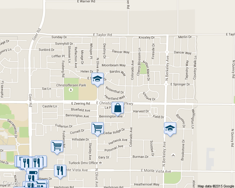 map of restaurants, bars, coffee shops, grocery stores, and more near 1024 Rosenthal Dr in Turlock