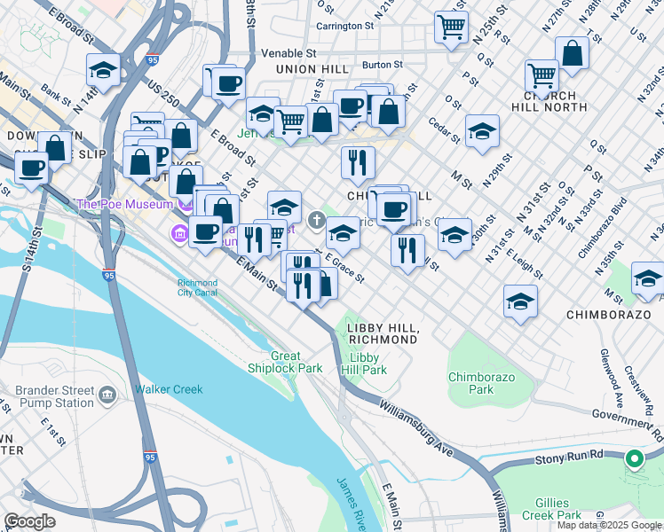 map of restaurants, bars, coffee shops, grocery stores, and more near 2519 East Grace Street in Richmond