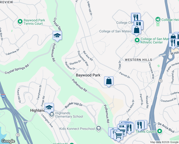 map of restaurants, bars, coffee shops, grocery stores, and more near 1468 Bel Aire Road in San Mateo