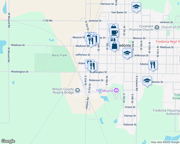 map of restaurants, bars, coffee shops, grocery stores, and more near 303 Washington St in Fredonia