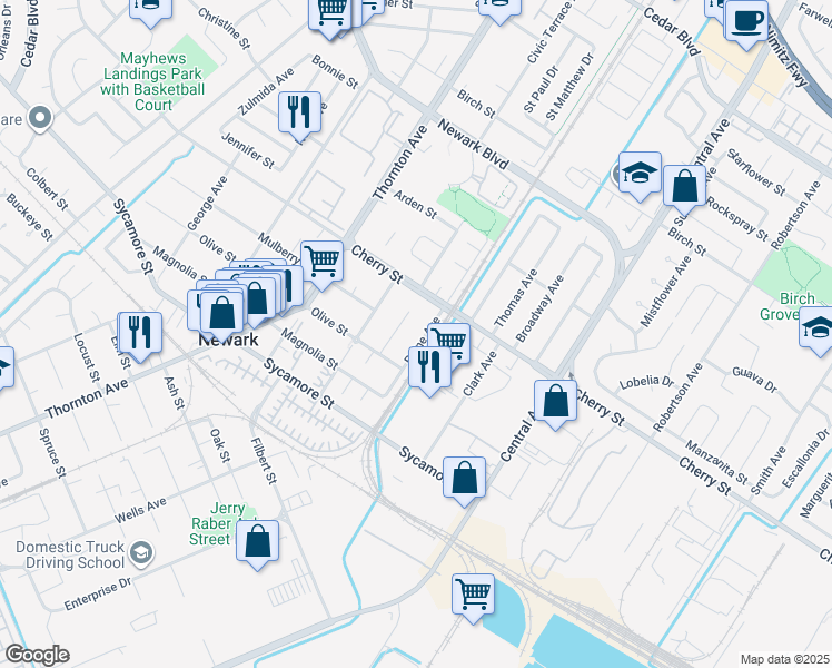 map of restaurants, bars, coffee shops, grocery stores, and more near 6657 Baine Avenue in Newark
