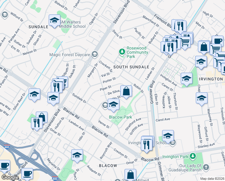 map of restaurants, bars, coffee shops, grocery stores, and more near 4577 De Silva Street in Fremont
