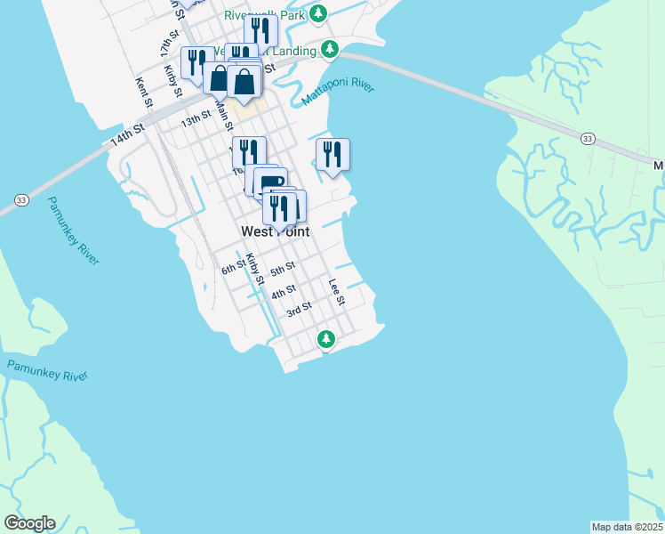map of restaurants, bars, coffee shops, grocery stores, and more near 407 Lee Street in West Point