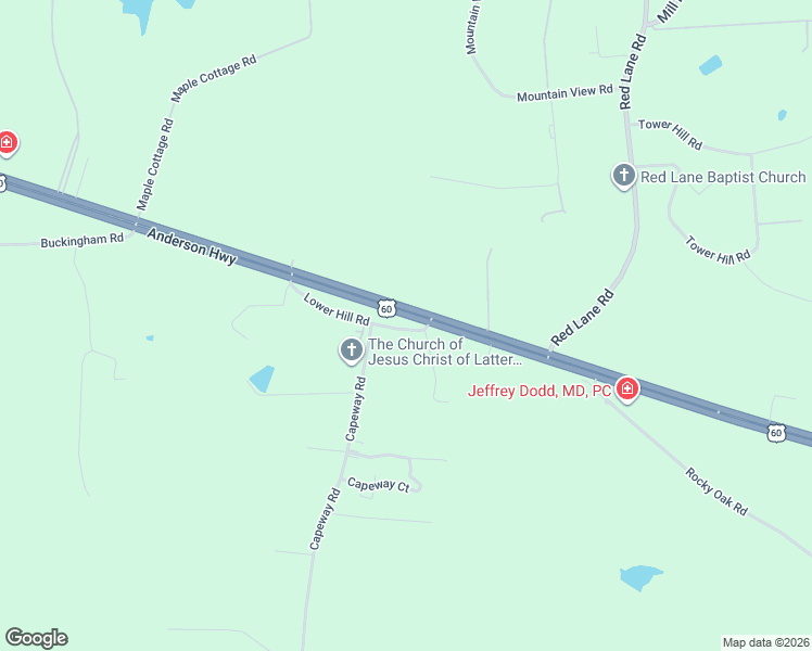 map of restaurants, bars, coffee shops, grocery stores, and more near 3004 Lower Hill Road in Powhatan