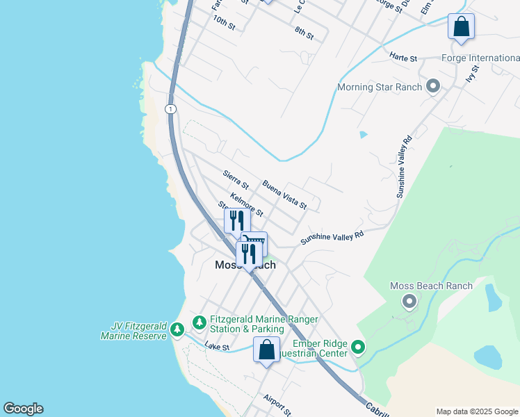 map of restaurants, bars, coffee shops, grocery stores, and more near 767 Kelmore Street in Moss Beach