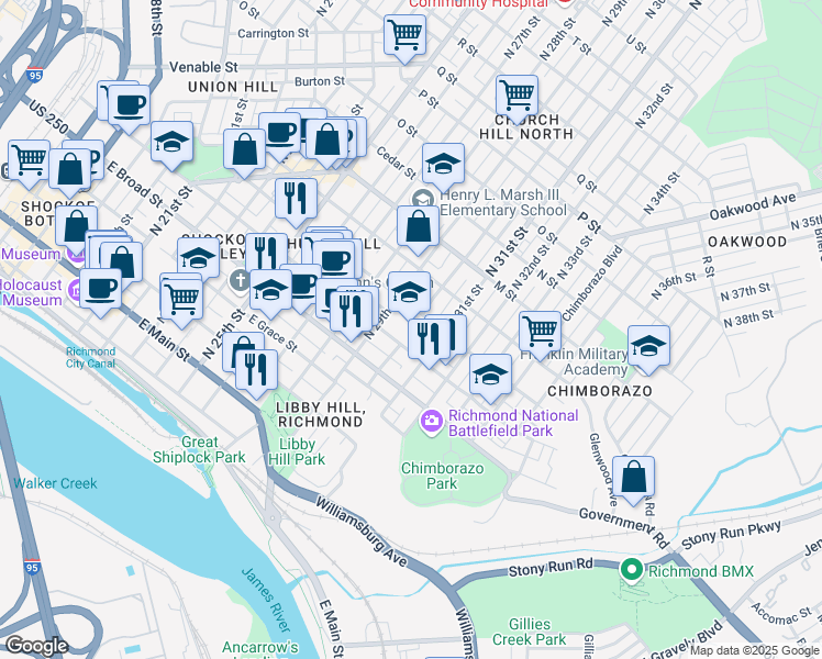 map of restaurants, bars, coffee shops, grocery stores, and more near 3000 East Marshall Street in Richmond