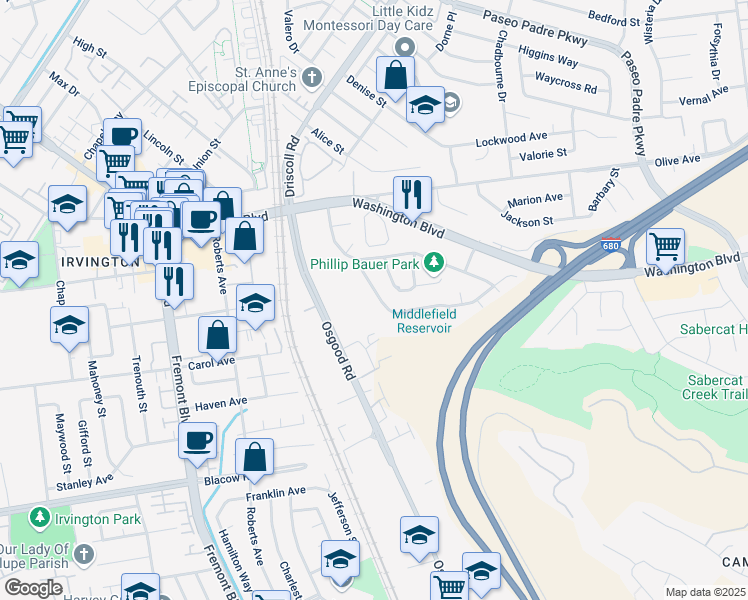 map of restaurants, bars, coffee shops, grocery stores, and more near 3124 Middlefield Avenue in Fremont