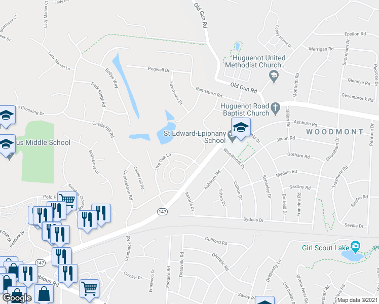 map of restaurants, bars, coffee shops, grocery stores, and more near 2719 Live Oak Lane in Midlothian