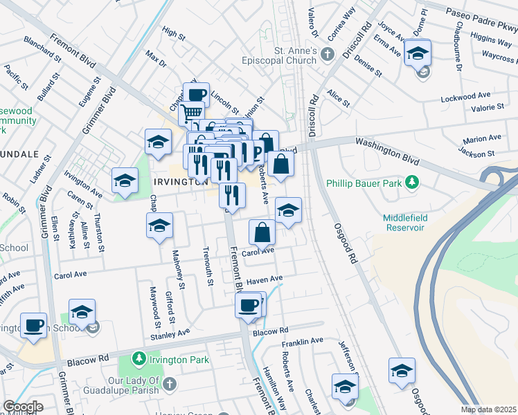 map of restaurants, bars, coffee shops, grocery stores, and more near 3791 Adams Avenue in Fremont