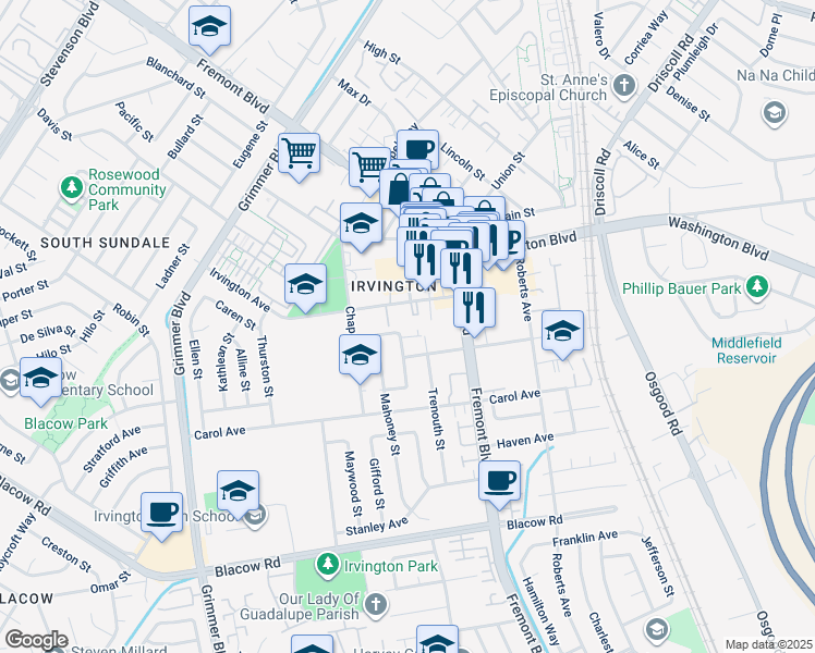 map of restaurants, bars, coffee shops, grocery stores, and more near 41251 Trenouth Street in Fremont