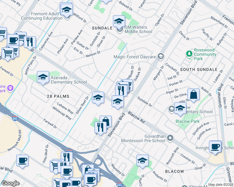 map of restaurants, bars, coffee shops, grocery stores, and more near 39900 Blacow Road in Fremont