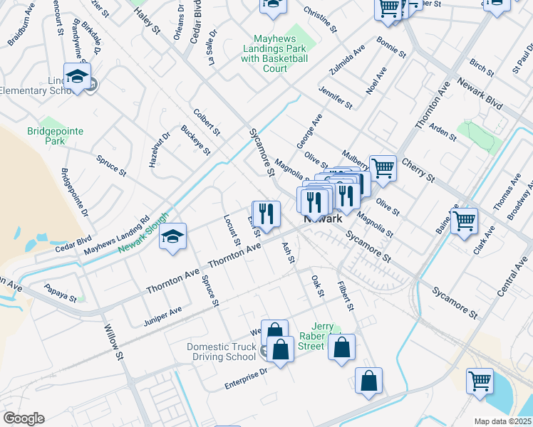 map of restaurants, bars, coffee shops, grocery stores, and more near 36913 Ash Street in Newark