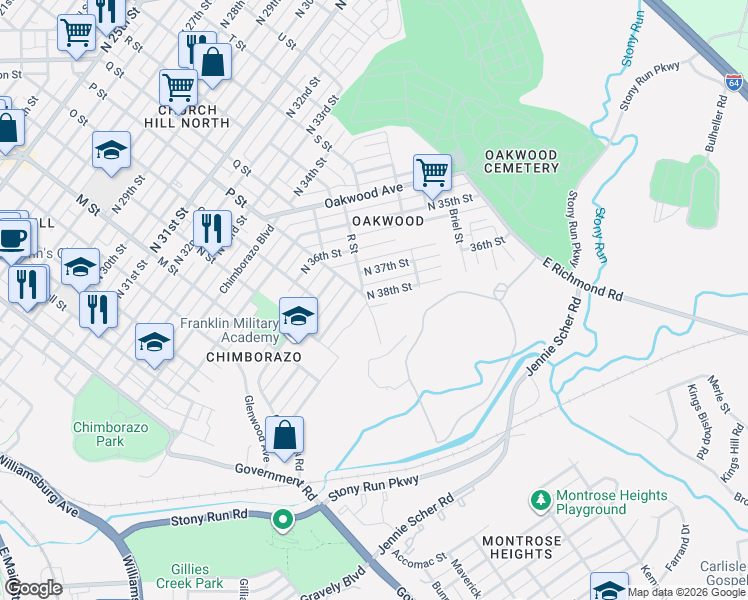 map of restaurants, bars, coffee shops, grocery stores, and more near 3810 P Street in Richmond