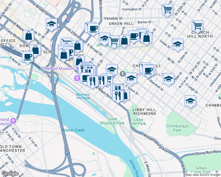 map of restaurants, bars, coffee shops, grocery stores, and more near 2405 East Franklin Street in Richmond