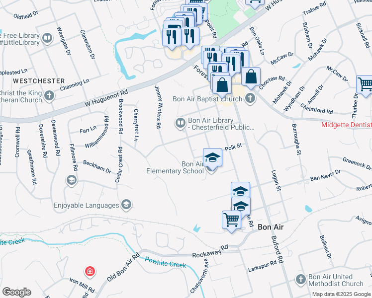 map of restaurants, bars, coffee shops, grocery stores, and more near 2422 Pulliam Street in Richmond