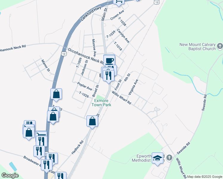 map of restaurants, bars, coffee shops, grocery stores, and more near 3327 Main Street in Exmore