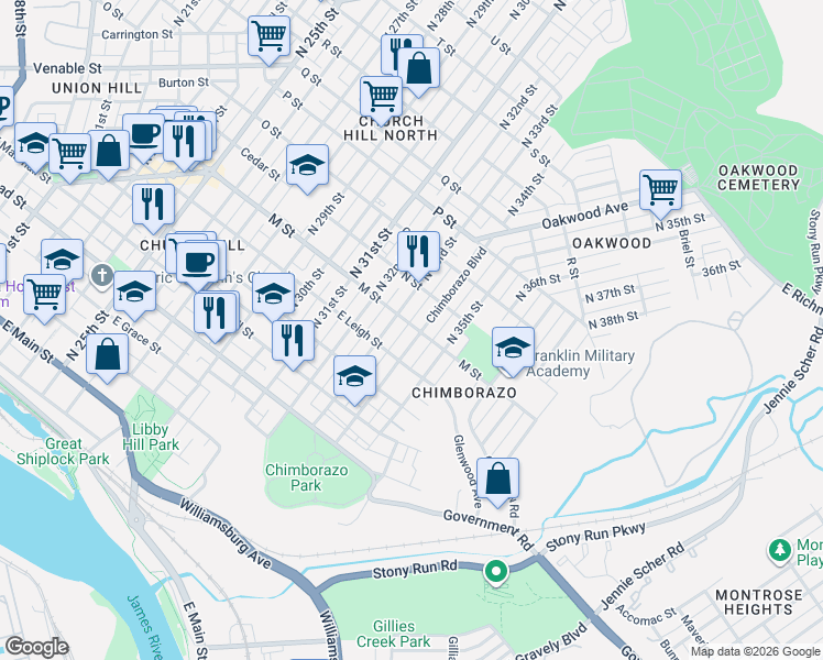 map of restaurants, bars, coffee shops, grocery stores, and more near 617 Chimborazo Boulevard in Richmond