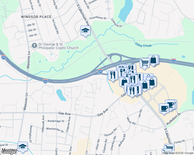 map of restaurants, bars, coffee shops, grocery stores, and more near 4302 Millers Lane in Richmond