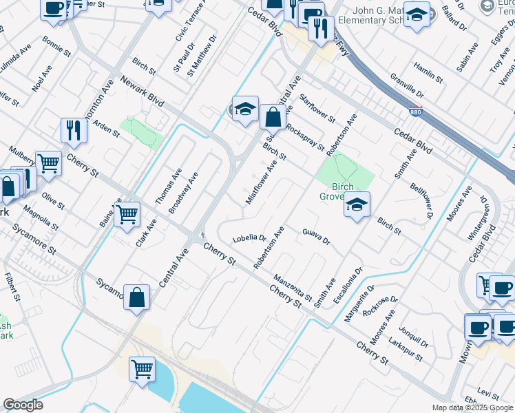 map of restaurants, bars, coffee shops, grocery stores, and more near 6257 Honeysuckle Drive in Newark