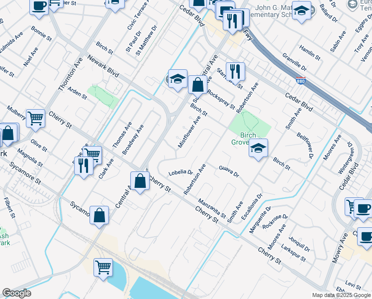 map of restaurants, bars, coffee shops, grocery stores, and more near 6257 Honeysuckle Drive in Newark
