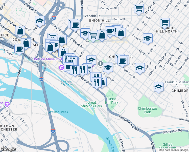 map of restaurants, bars, coffee shops, grocery stores, and more near 2405 East Franklin Street in Richmond
