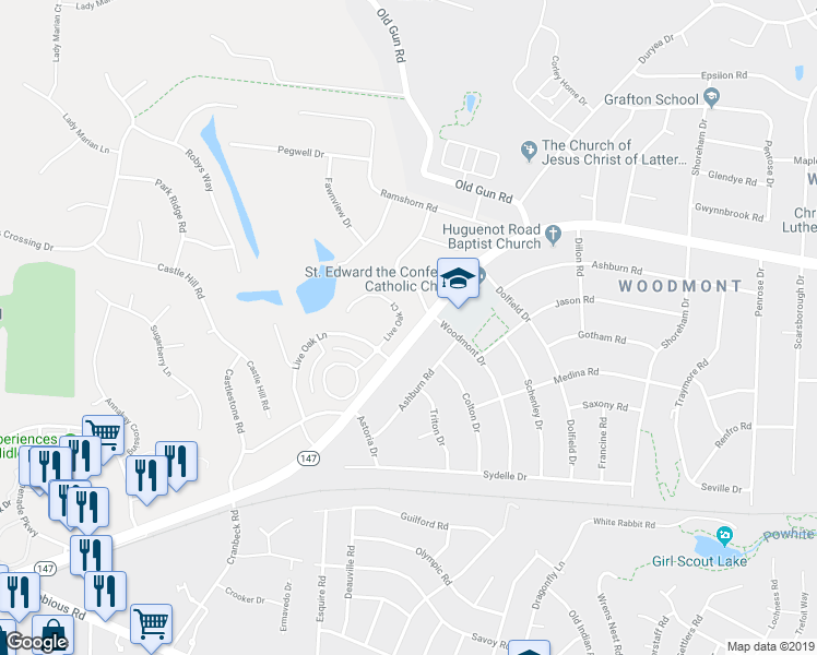 map of restaurants, bars, coffee shops, grocery stores, and more near 10967 Live Oak Court in Midlothian