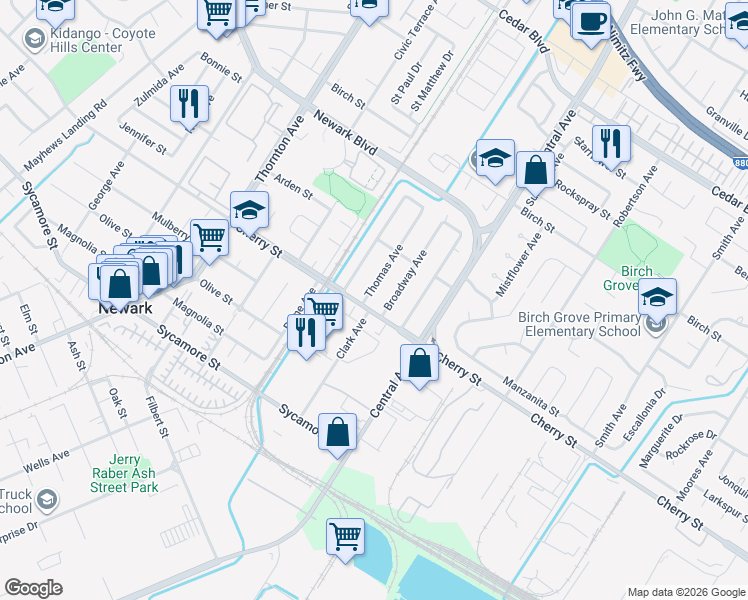 map of restaurants, bars, coffee shops, grocery stores, and more near 6462 Thomas Avenue in Newark