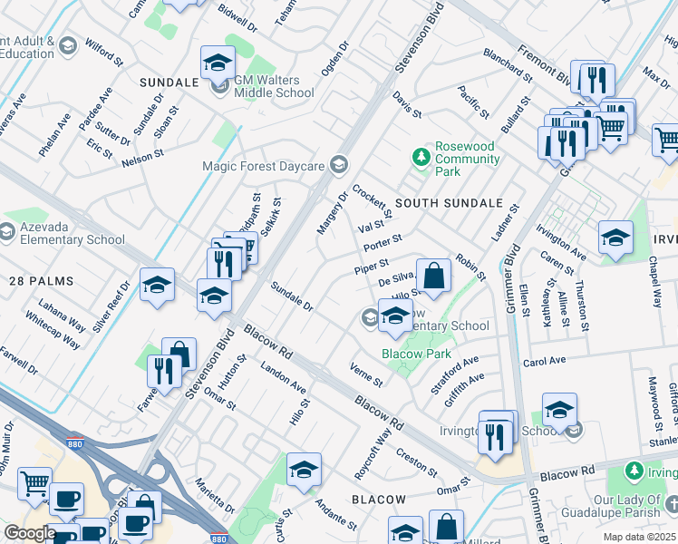 map of restaurants, bars, coffee shops, grocery stores, and more near 4677 Piper Street in Fremont