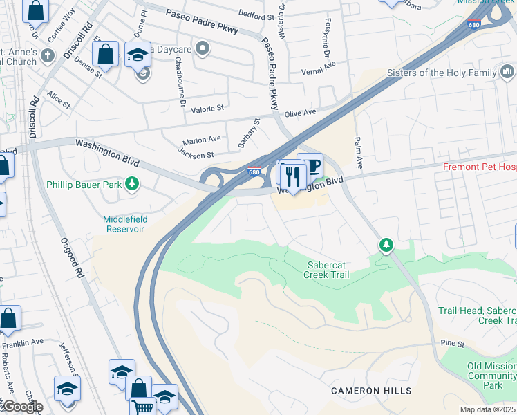 map of restaurants, bars, coffee shops, grocery stores, and more near 2100 Castillejo Way in Fremont