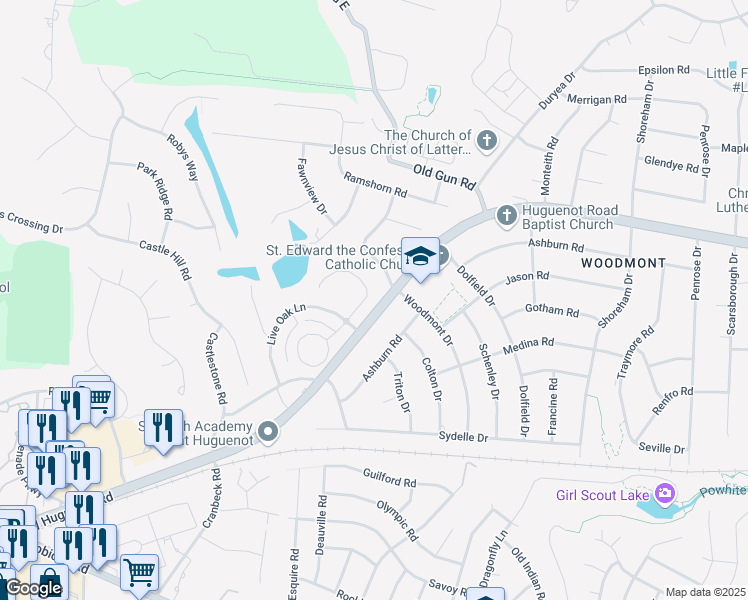 map of restaurants, bars, coffee shops, grocery stores, and more near 10967 Live Oak Court in Midlothian