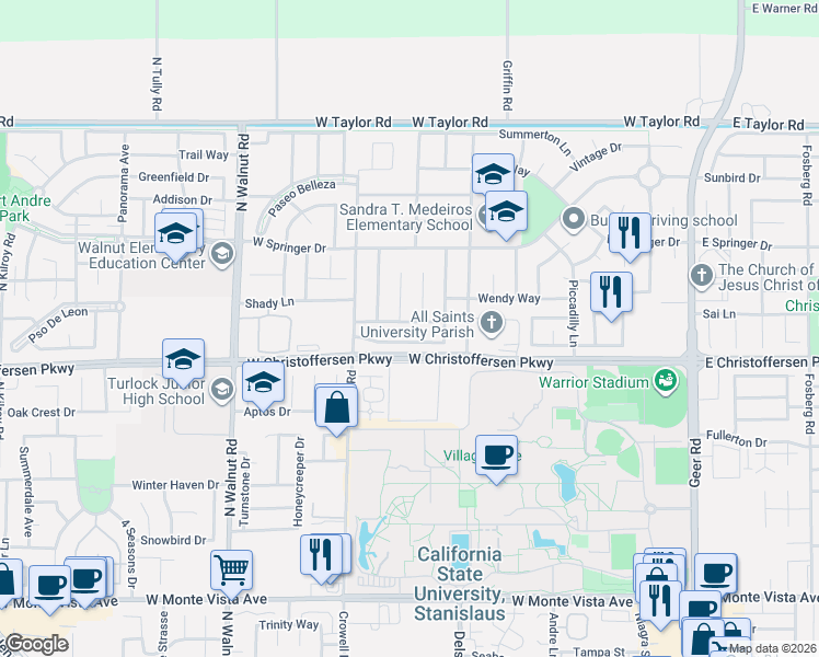 map of restaurants, bars, coffee shops, grocery stores, and more near 947 Kirksey Drive in Turlock