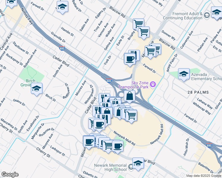 map of restaurants, bars, coffee shops, grocery stores, and more near 5702 Pandorea Terrace in Newark