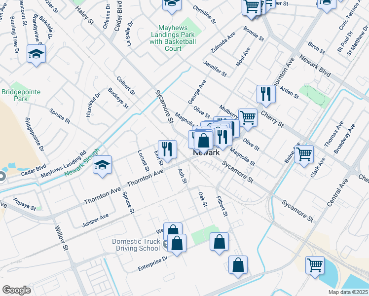 map of restaurants, bars, coffee shops, grocery stores, and more near 7375 Dairy Avenue in Newark