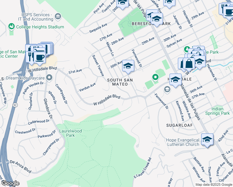 map of restaurants, bars, coffee shops, grocery stores, and more near 837 West Hillsdale Boulevard in San Mateo
