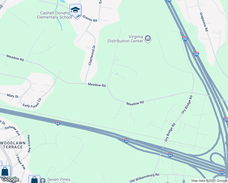 map of restaurants, bars, coffee shops, grocery stores, and more near 2130 Meadow Road in Sandston