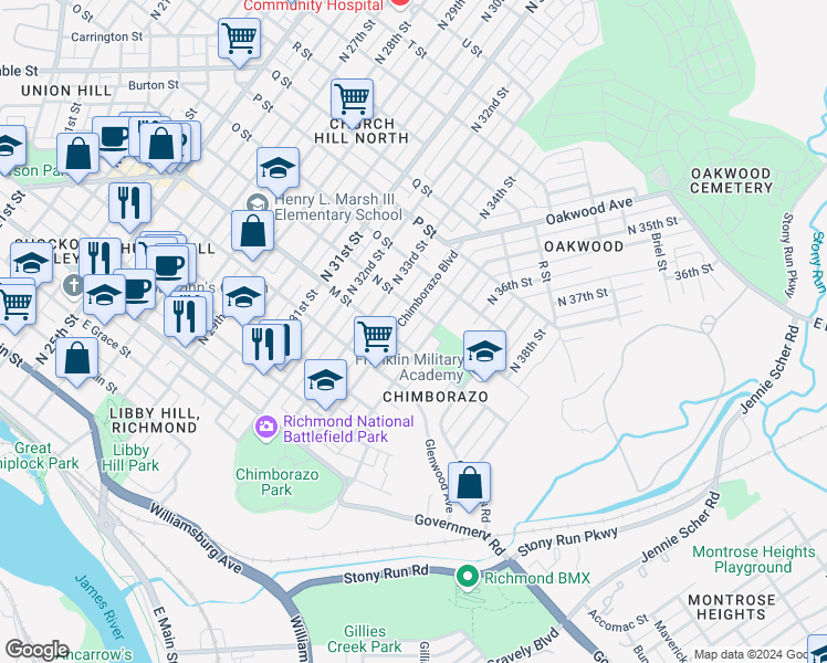 map of restaurants, bars, coffee shops, grocery stores, and more near 712 North 35th Street in Richmond