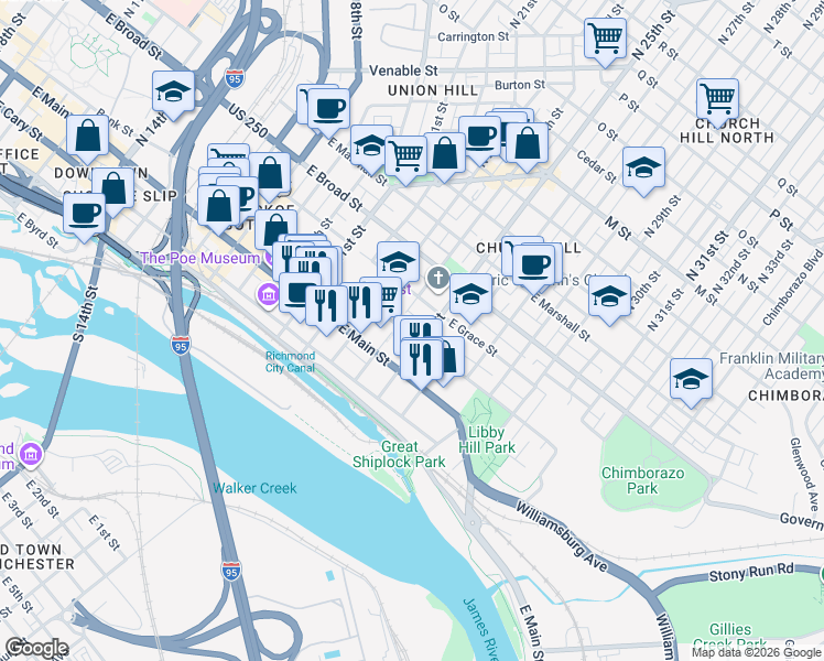 map of restaurants, bars, coffee shops, grocery stores, and more near 2405 East Franklin Street in Richmond