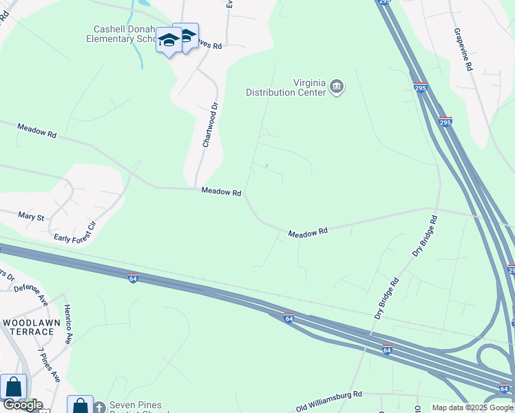 map of restaurants, bars, coffee shops, grocery stores, and more near 2130 Meadow Road in Sandston