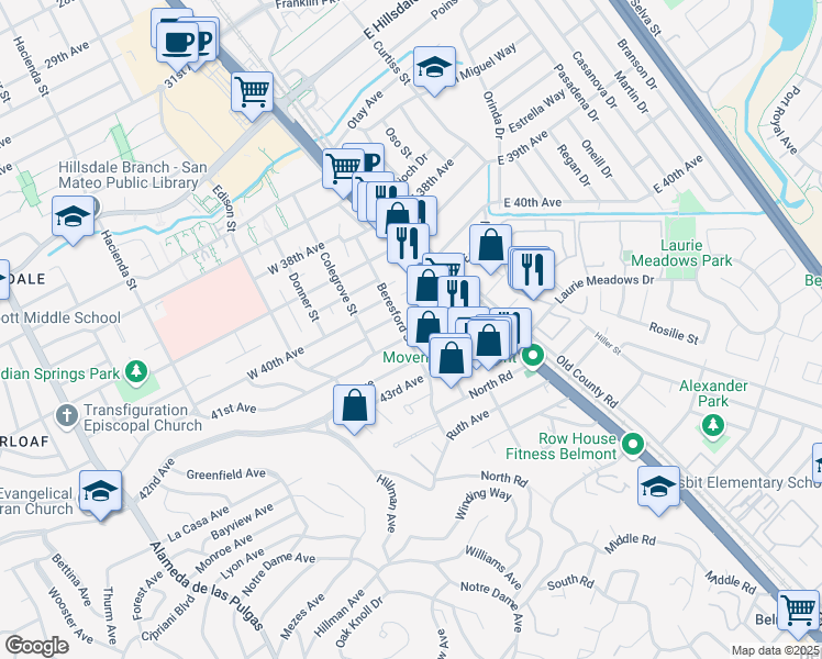 map of restaurants, bars, coffee shops, grocery stores, and more near 70 41st Avenue in San Mateo